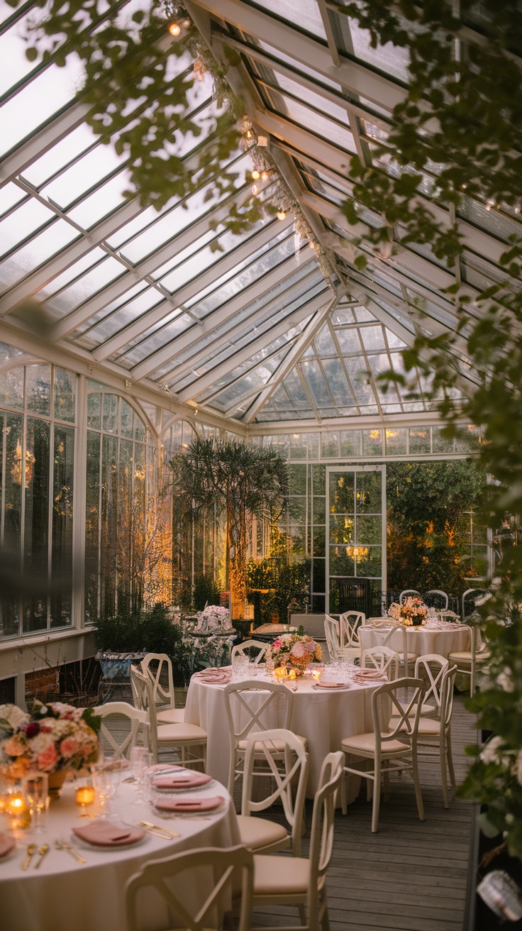 A beautifully decorated glasshouse venue for a wedding celebration.