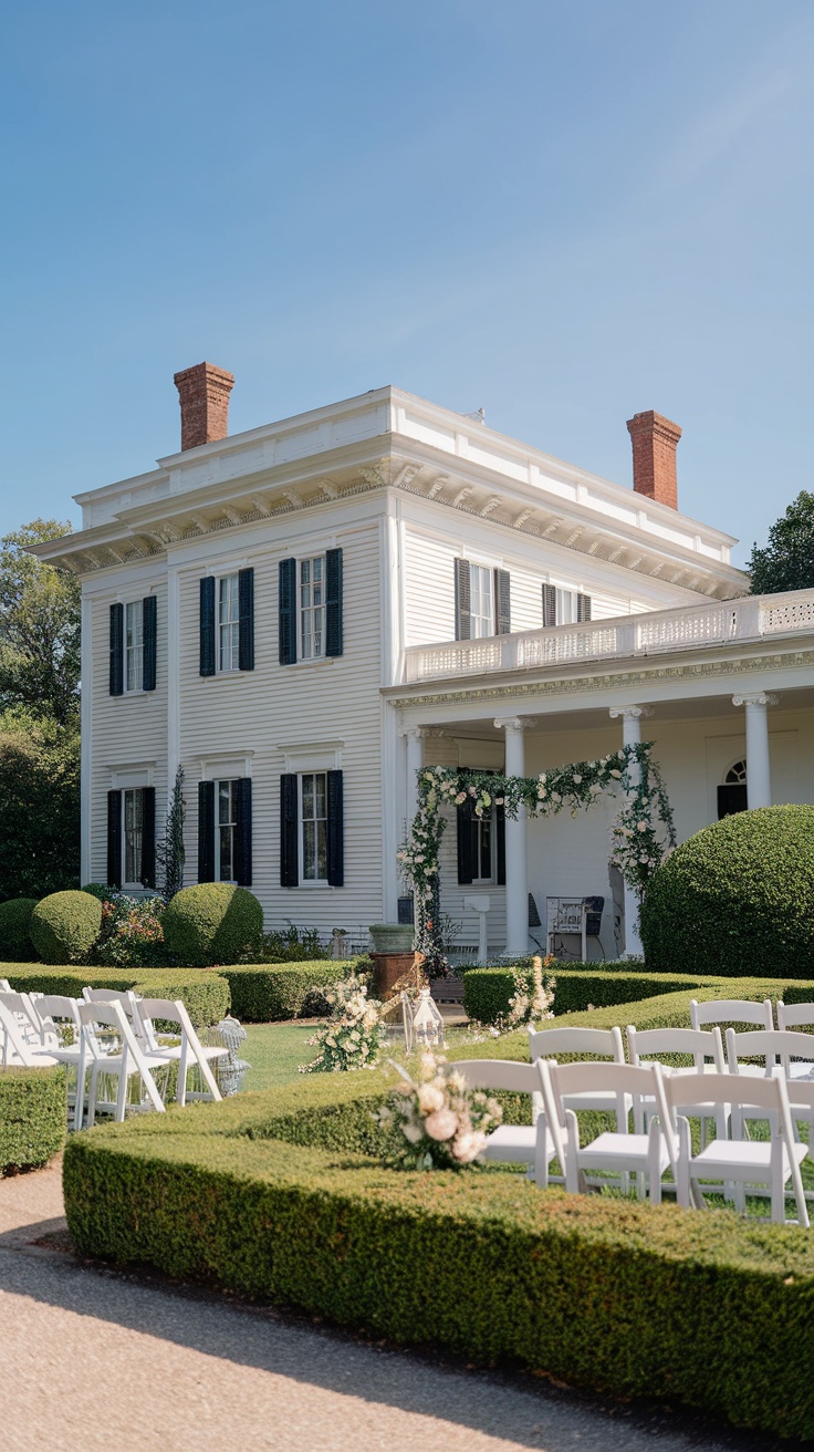 Exterior view of the Merrimon-Wynne House with beautiful gardens and seating arrangement.