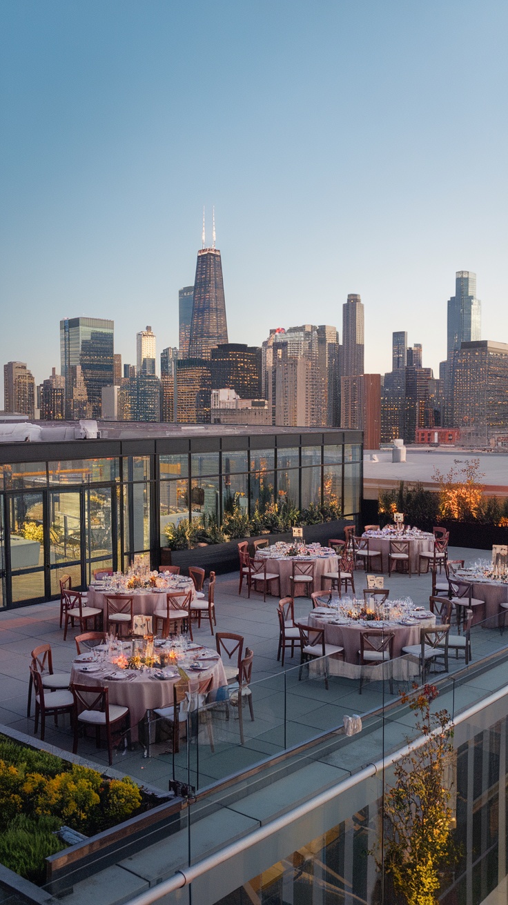 A beautifully decorated rooftop venue with city skyline views and tables set for a wedding.