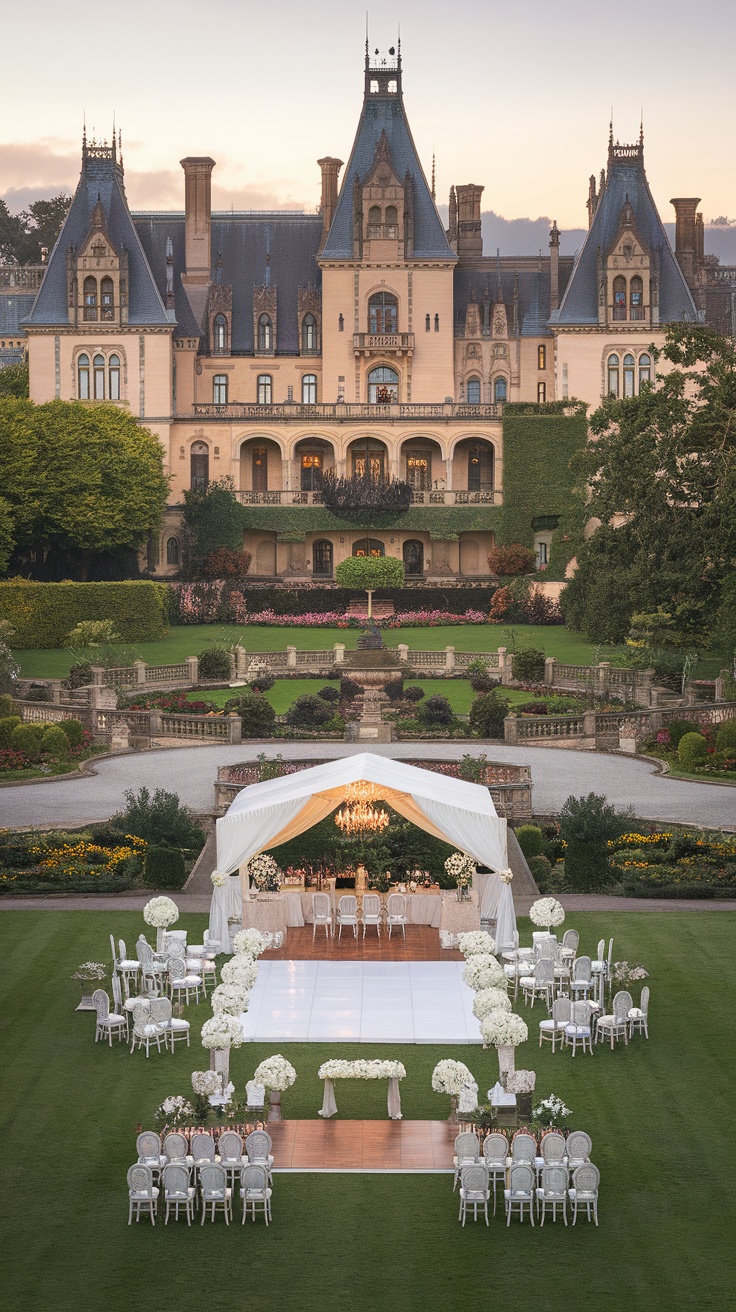 Wedding setup at The Biltmore Estate with a tent and floral decorations.