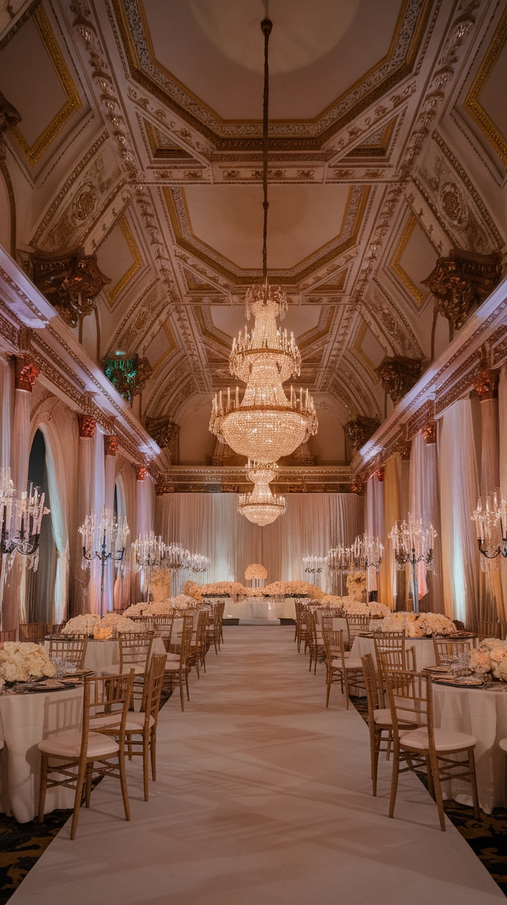 Interior of The Crystal Ballroom with chandeliers and elegant decor.